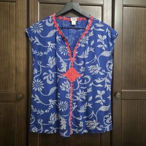 Irving & Fine x Lucky Brand Popover Print Top Embroidered Boho Red Blue‎ Small